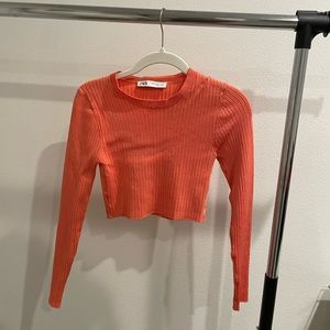 Zara Orange Ribbed Long Sleeve Crop Top